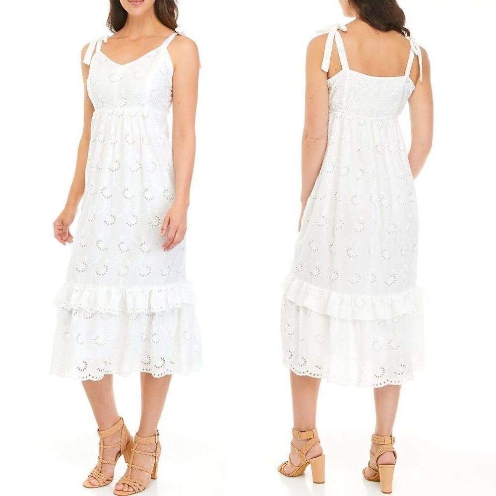 Taylor Size 4 White Cotton Eyelet Tiered Midi Sun Dress Tie Shoulder Pullover